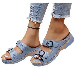 Sorrento Non-Slip Open Toe Comfort Sandals 2 Buckles Baby Blue Size 4.5 (J9)